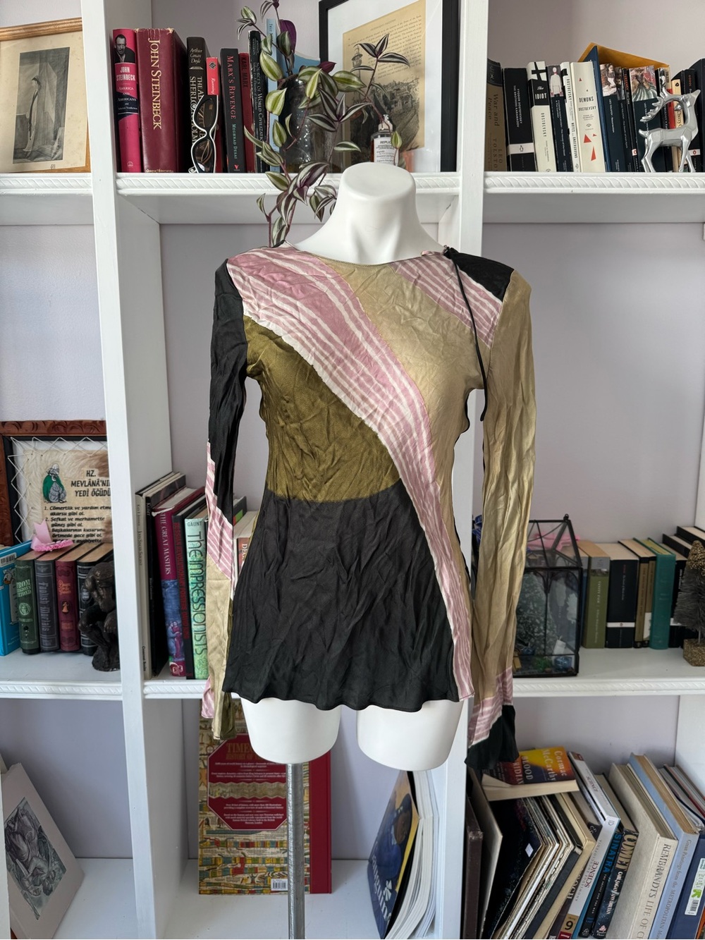 Zara Long-Sleeve Colorblock Crinkle Top in Pink, Olive & Black